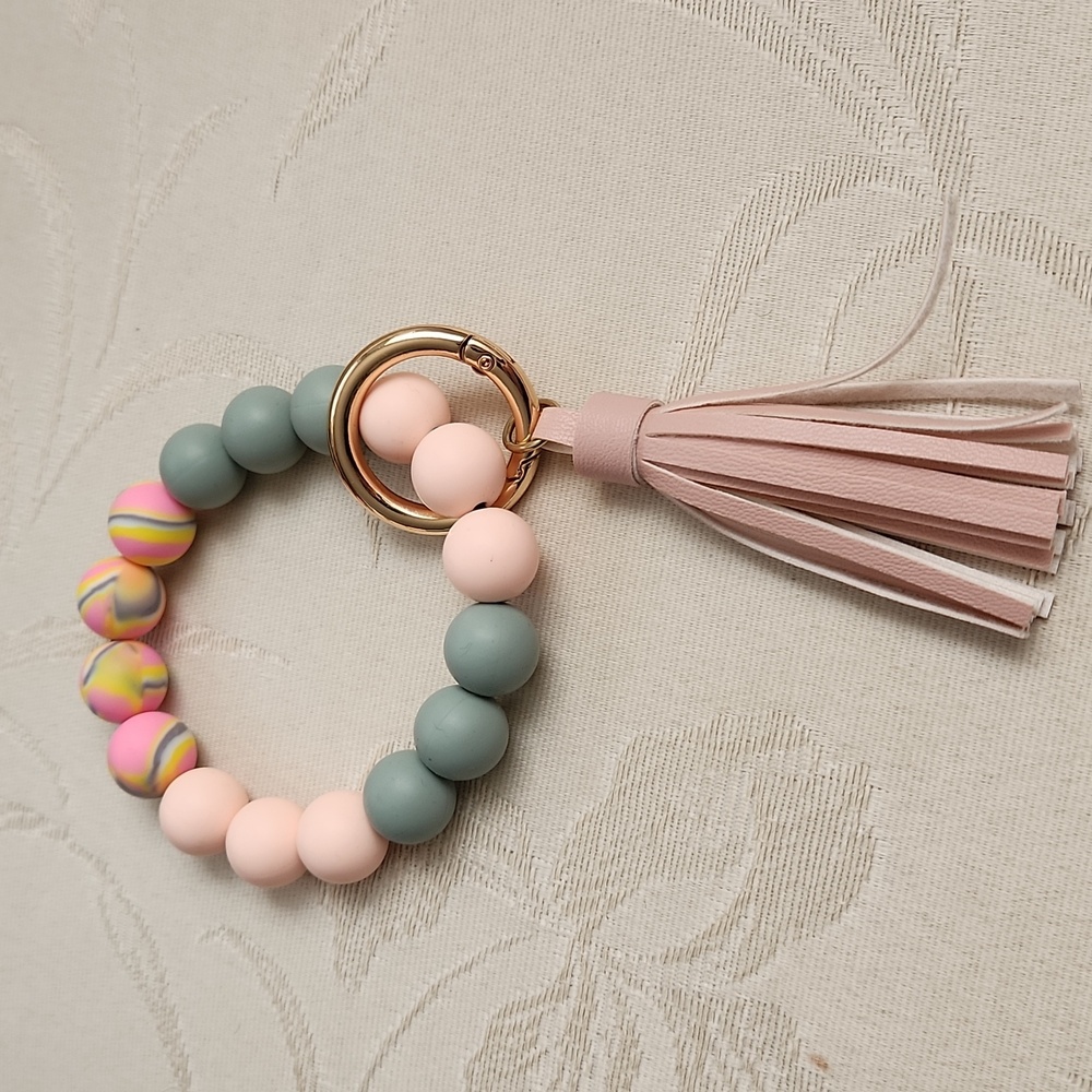 Silicone Bead Keychain Stretch Bracelet w Tassel